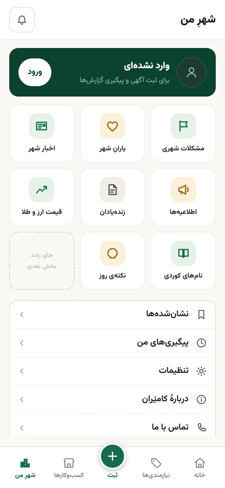 تب شهرِ من: میان‌بر اخبار، یارانِ شهر، مشکلات شهری، قیمت‌ها، زنده‌یادان و نام‌های کوردی